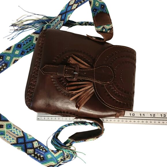 Leather Tooled Crossbody Purse Dark Brown With Turquoise & Green Crochet Strap - Picture 12 of 16